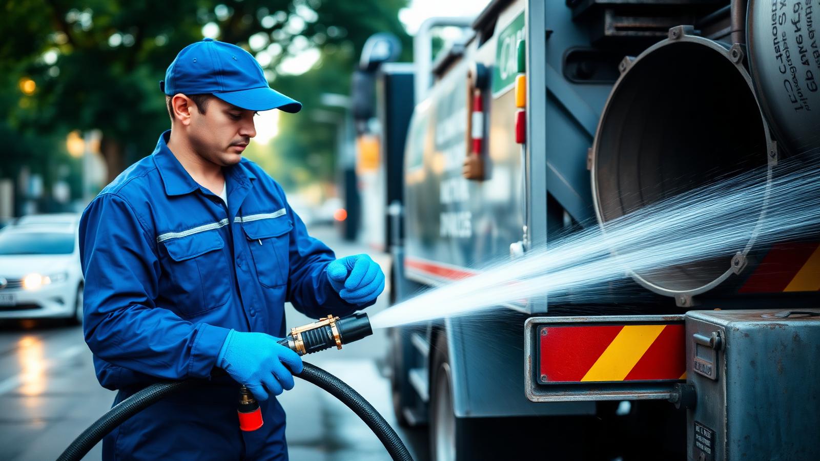 Técnico da Desentupidora Rede BH realizando hidrojateamento com caminhão de apoio